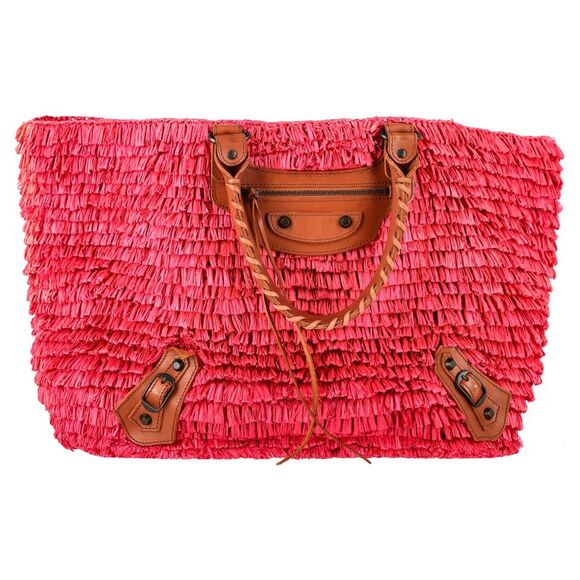 Balenciaga Woven Panier Basket Bag in Pink Raffia
